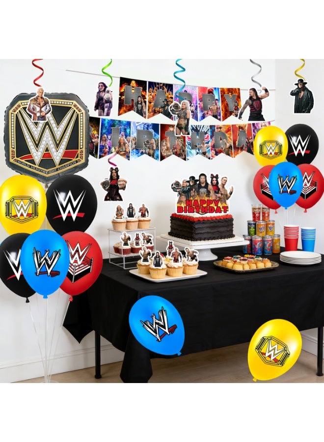 WWE Wrestling Birthday Party Decorations Set, 34PCS WWE Party Supplies with Banner Cake Topper Balloons Tablecloth Spiral Hanging Decor Foil Balloon for Birthday Decoration Supplies - Image 5